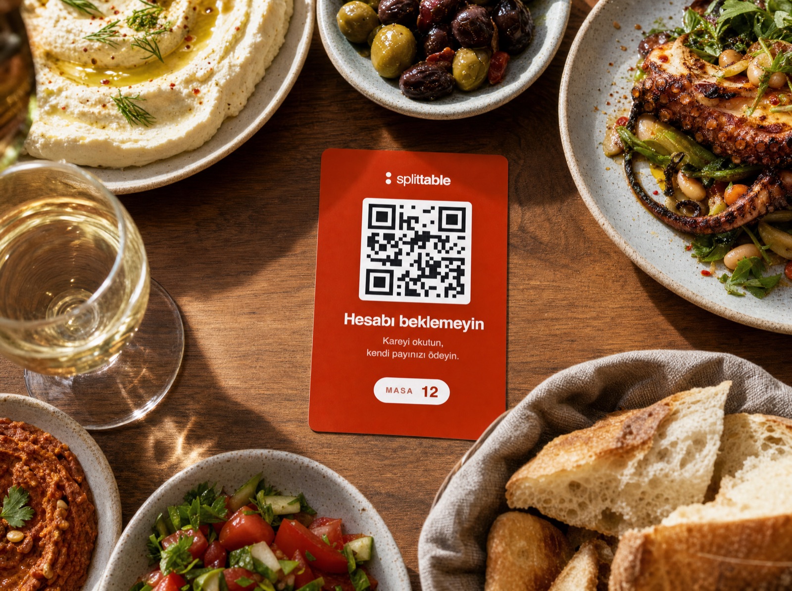 Üstten çekilmiş restoran masası: humus, zeytin, ahtapot ve ekmeğin arasında duran kırmızı splittable masa kartı.